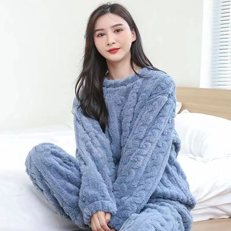 Women Velvet Pajama Set Fleecing Warm Loose Top And Elastic Waist Pants Home Casual Warm Woolen Suit Women 2023 Autumn Winter