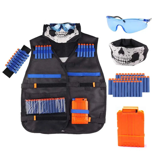 Kids Tactical Vest Kit Nerf Series Reload Clips Tactical Mask Wrist Band and Protective Glasses with Nerf Vest.