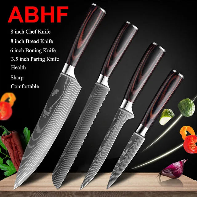 Japanese Kitchen Knife Set Laser Damascus Pattern Stainless Steel Sharp Cleaver Slicing Knives