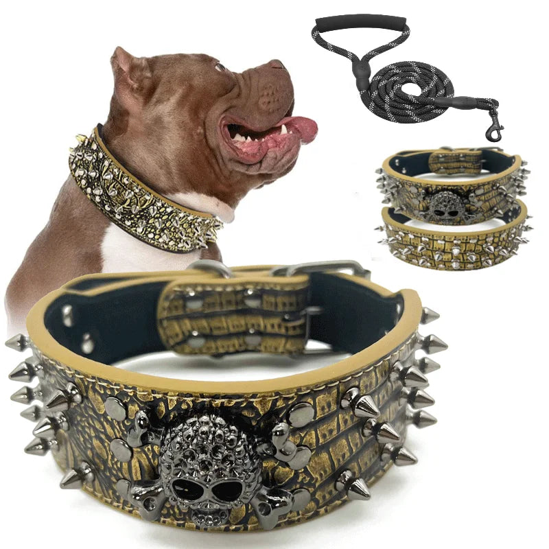 Dog Collar Spiked Studded Pet Necklace with Traction Rope For Small Medium Dogs Bulldog  Adjustable Anti-Bite Collar