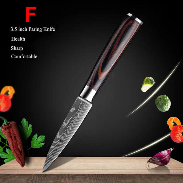 Japanese Kitchen Knife Set Laser Damascus Pattern Stainless Steel Sharp Cleaver Slicing Knives