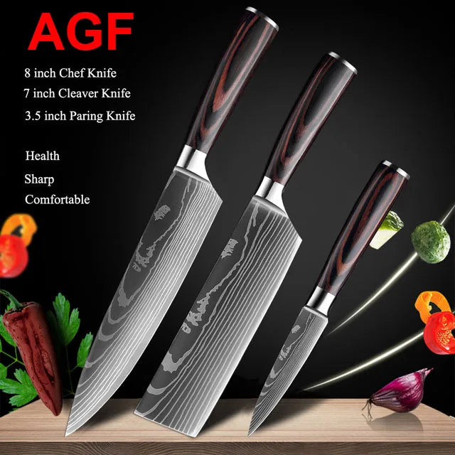 Japanese Kitchen Knife Set Laser Damascus Pattern Stainless Steel Sharp Cleaver Slicing Knives