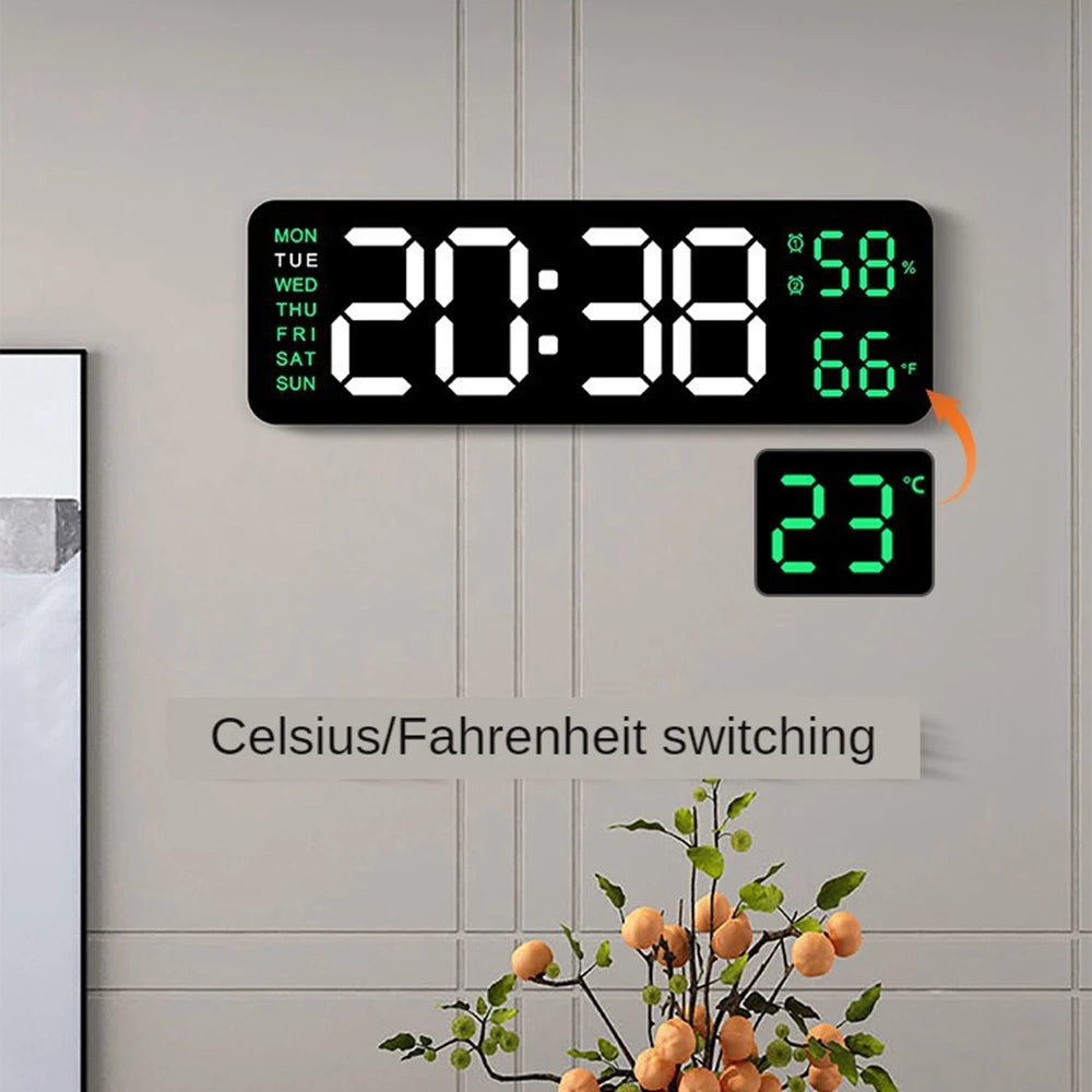 Large Digital Wall Clock Temperature Humidity Week Display LED Electronic Table Clock 12/24H Alarm Clocks Memory/Snooze Function