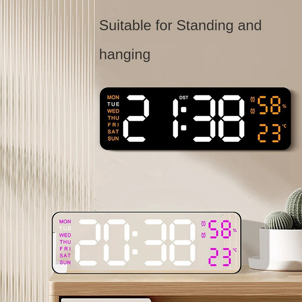 Large Digital Wall Clock Temperature Humidity Week Display LED Electronic Table Clock 12/24H Alarm Clocks Memory/Snooze Function