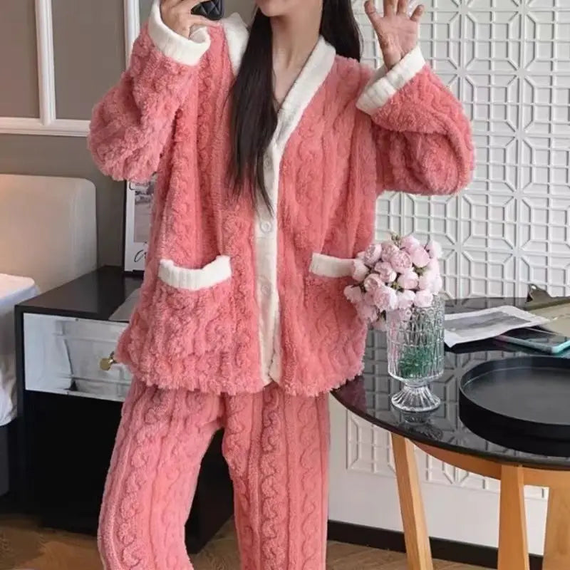 Women Velvet Pajama Set Fleecing Warm Loose Top And Elastic Waist Pants Home Casual Warm Woolen Suit Women 2023 Autumn Winter