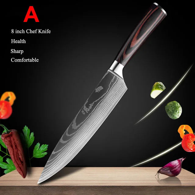 Japanese Kitchen Knife Set Laser Damascus Pattern Stainless Steel Sharp Cleaver Slicing Knives