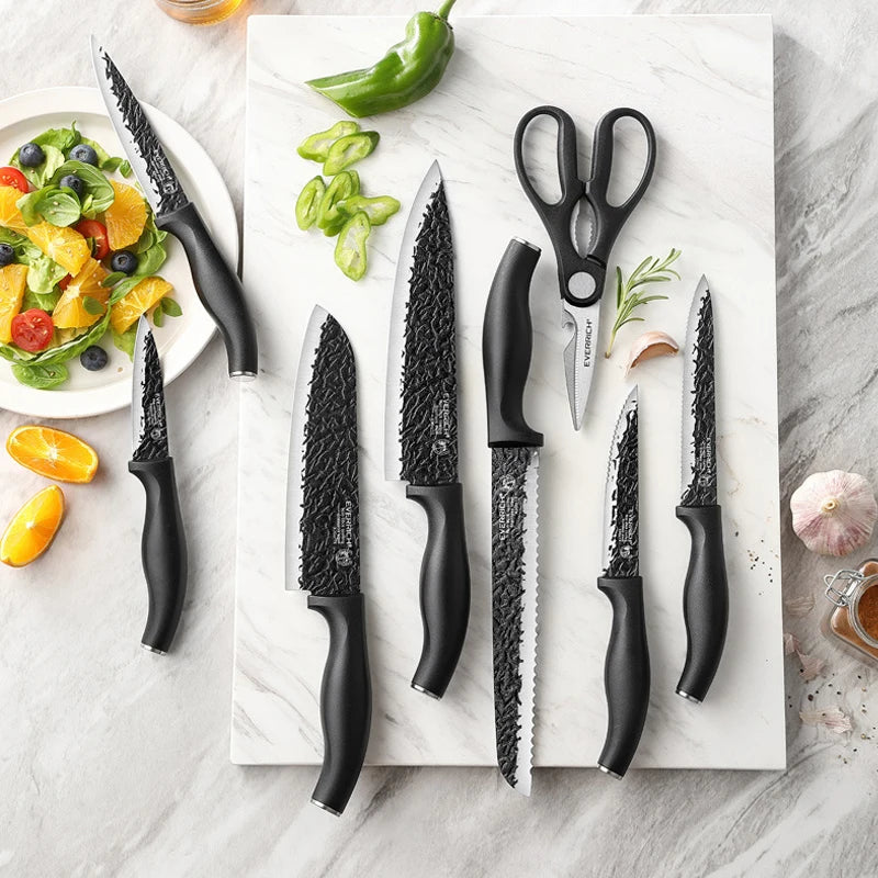 Hammer Pattern Kitchen Knives Set Stainless Steel Chef Knife Non-stick Slicing Sharp Steak Knife with Knife Holder.