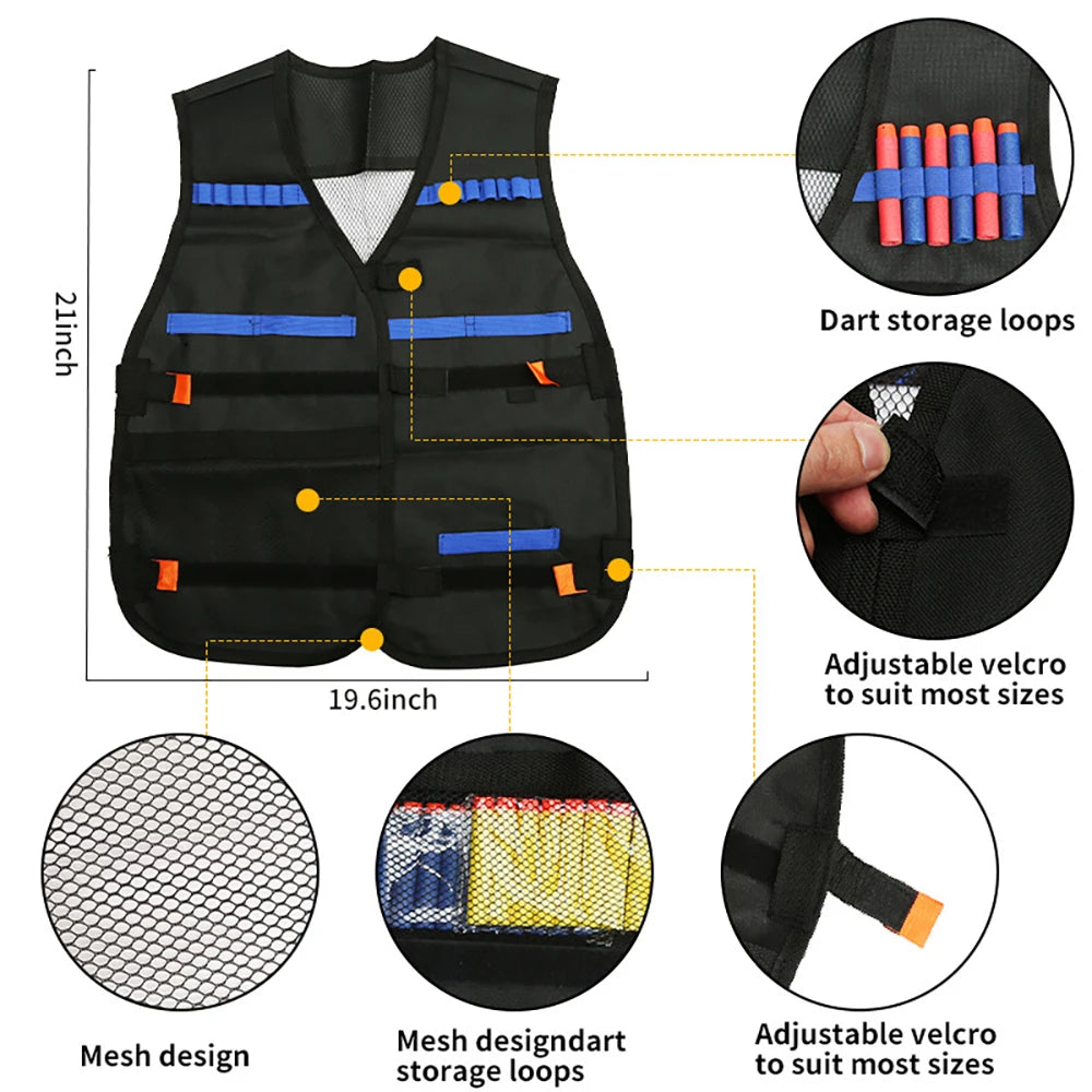 Kids Tactical Vest Kit Nerf Series Reload Clips Tactical Mask Wrist Band and Protective Glasses with Nerf Vest.