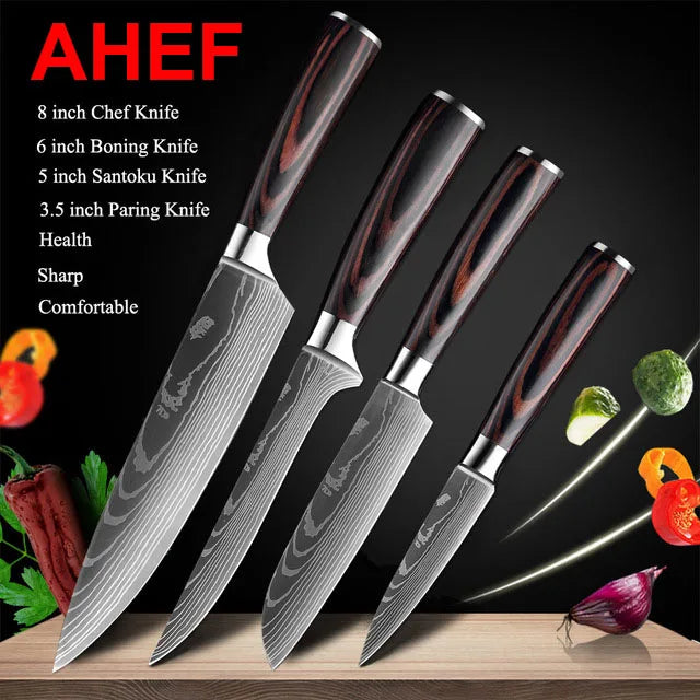 Japanese Kitchen Knife Set Laser Damascus Pattern Stainless Steel Sharp Cleaver Slicing Knives