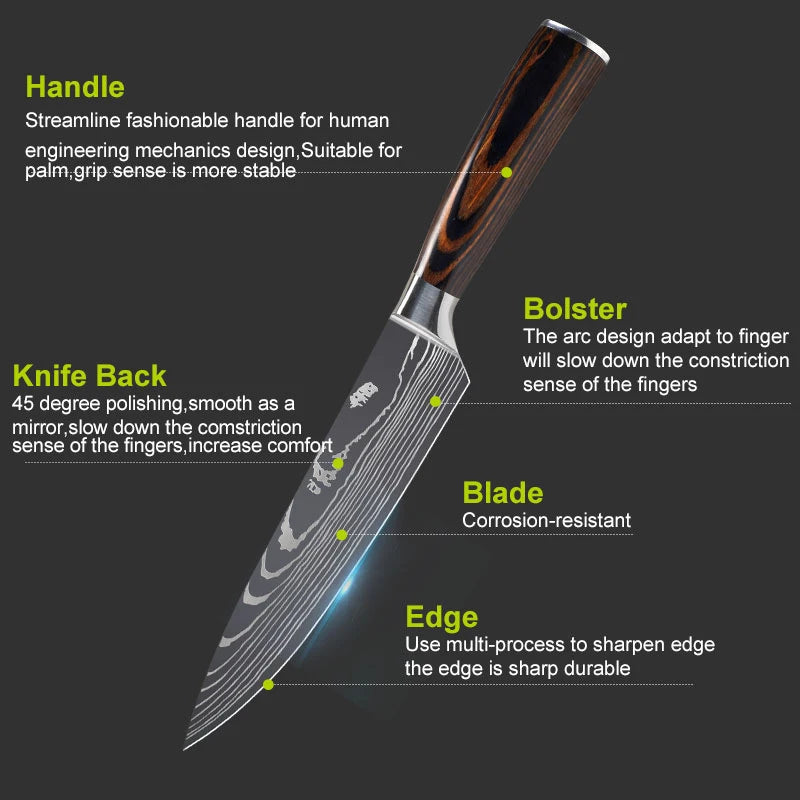 Japanese Kitchen Knife Set Laser Damascus Pattern Stainless Steel Sharp Cleaver Slicing Knives