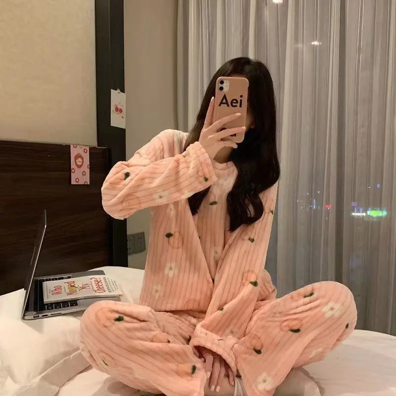 Women Velvet Pajama Set Fleecing Warm Loose Top And Elastic Waist Pants Home Casual Warm Woolen Suit Women 2023 Autumn Winter