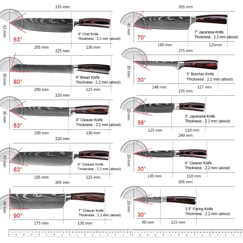 Japanese Kitchen Knife Set Laser Damascus Pattern Stainless Steel Sharp Cleaver Slicing Knives