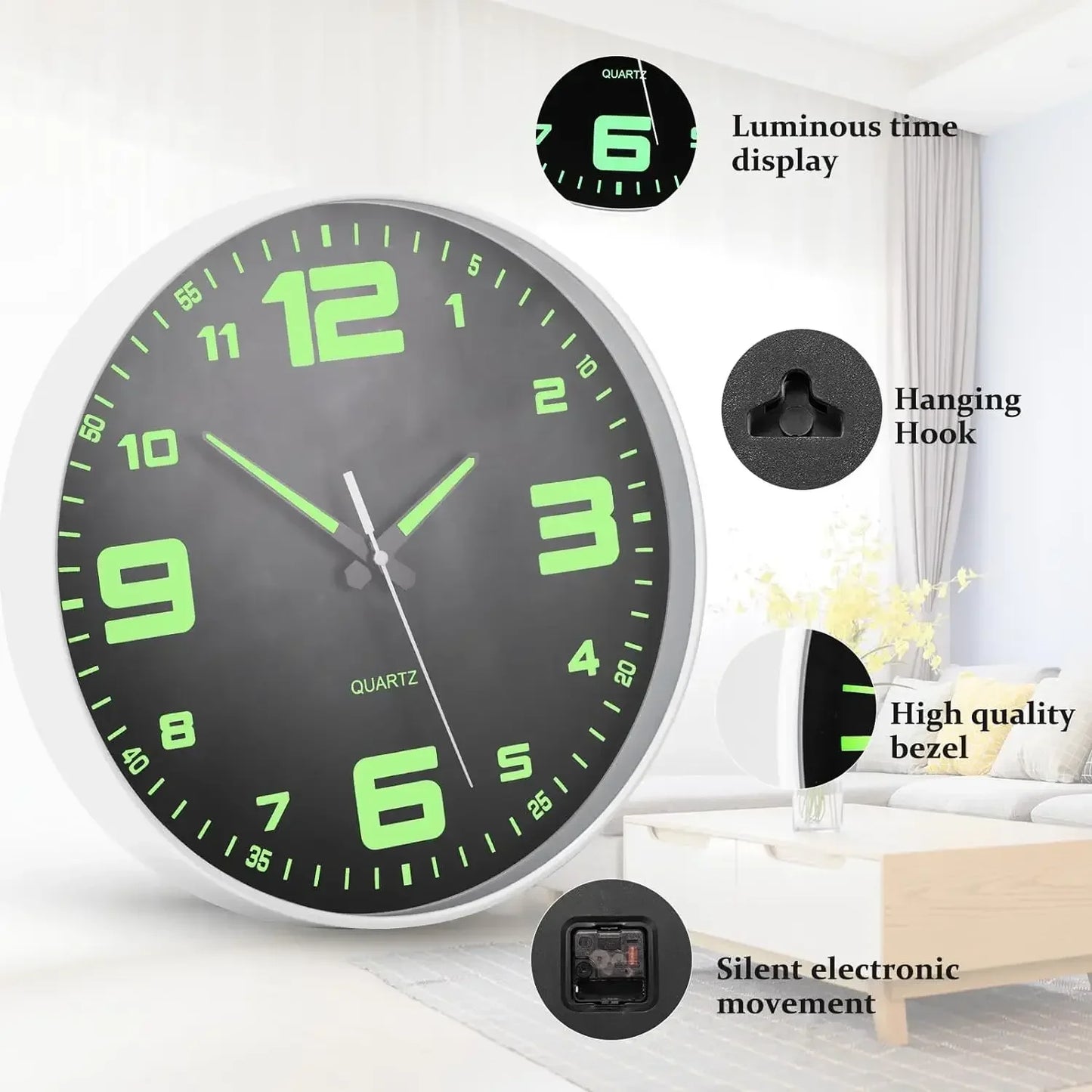 12 Inch Glow in The Dark Wall Clock Night Light Wall Clock Silent Non-Ticking Battery Operated Wall Clocks for Living Room Deco