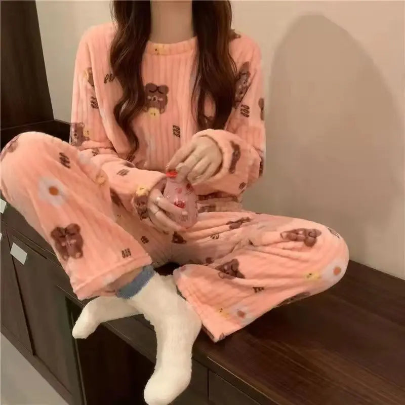 Women Velvet Pajama Set Fleecing Warm Loose Top And Elastic Waist Pants Home Casual Warm Woolen Suit Women 2023 Autumn Winter