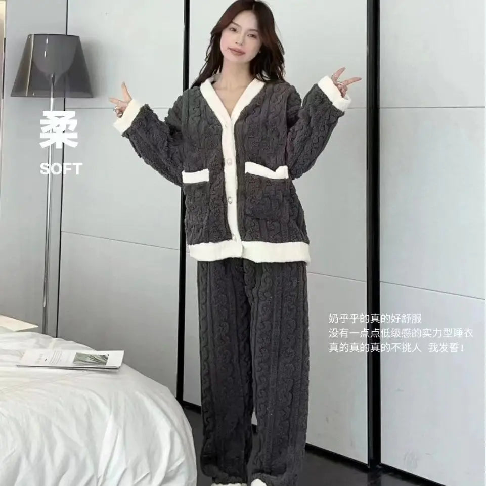 Women Velvet Pajama Set Fleecing Warm Loose Top And Elastic Waist Pants Home Casual Warm Woolen Suit Women 2023 Autumn Winter