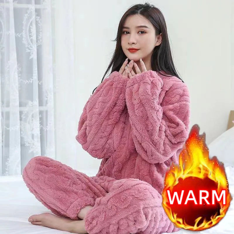 Women Velvet Pajama Set Fleecing Warm Loose Top And Elastic Waist Pants Home Casual Warm Woolen Suit Women 2023 Autumn Winter