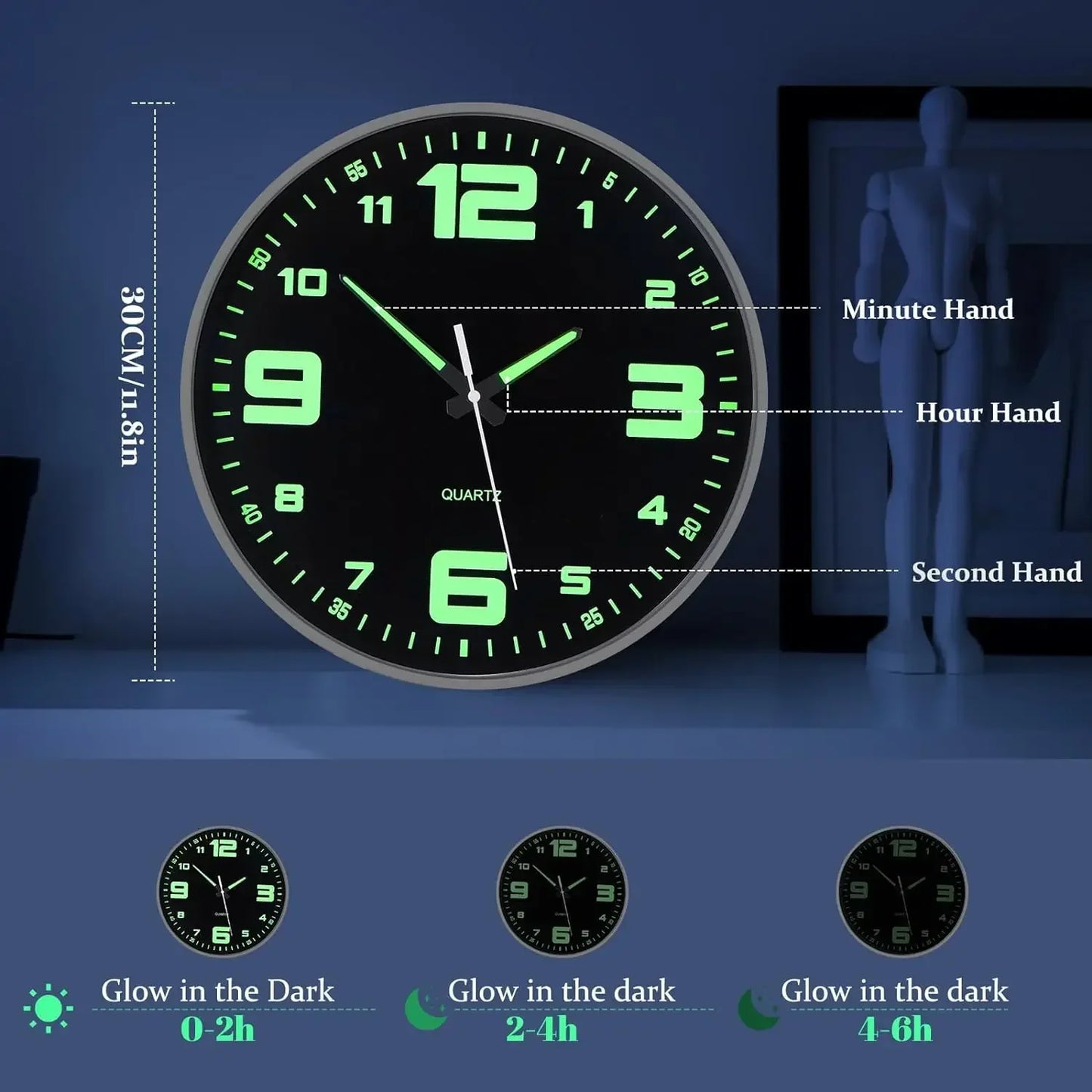 12 Inch Glow in The Dark Wall Clock Night Light Wall Clock Silent Non-Ticking Battery Operated Wall Clocks for Living Room Deco