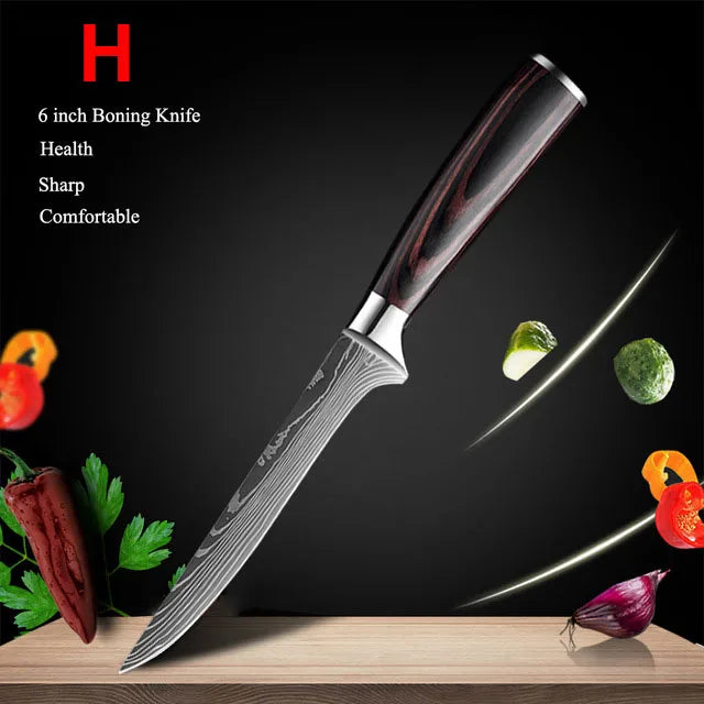 Japanese Kitchen Knife Set Laser Damascus Pattern Stainless Steel Sharp Cleaver Slicing Knives