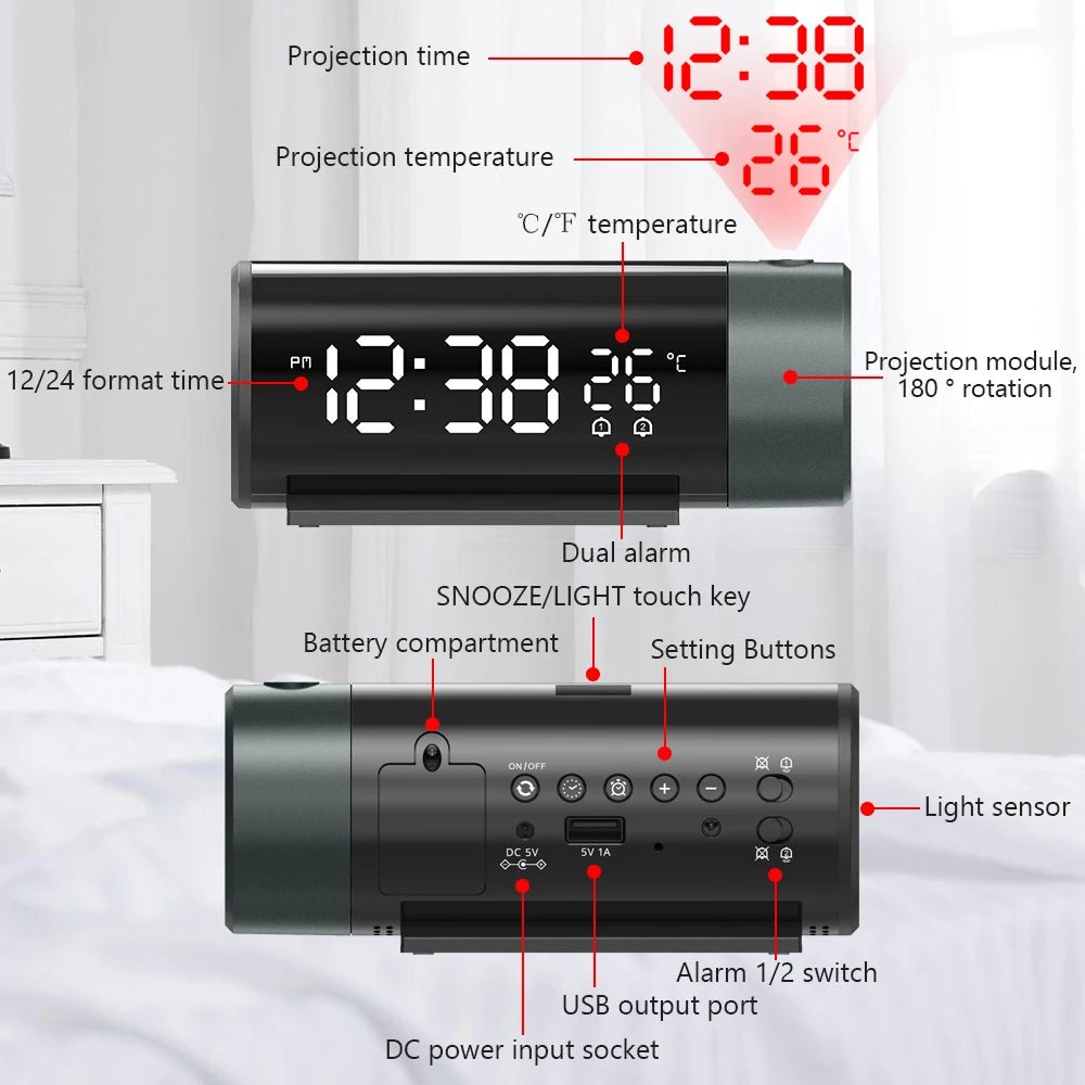 Digital Projection Alarm Clock With Temperature 180°Rotation USB Electronic Table Bedroom Bedside Clocks 3D Wall Snooze Function