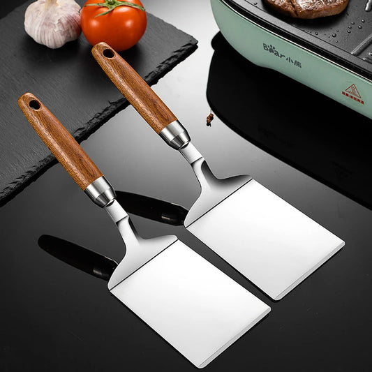 Stainless Steel Square Head Steak Cooking Spatula Wood Handle  Pizza Shovel Pancake Beef Turner Scraper BBQ Utensils For Kitchen