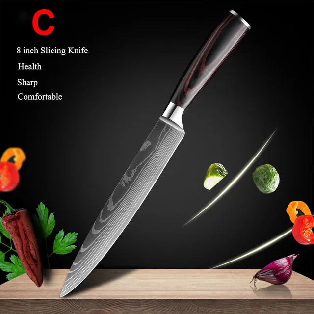 Japanese Kitchen Knife Set Laser Damascus Pattern Stainless Steel Sharp Cleaver Slicing Knives