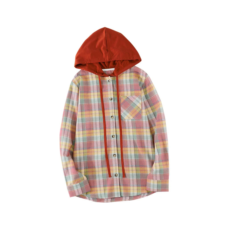 Women Autumn Hooded Collar Plaid Sweatshirt Tide Drawstring Loose Casual Hoodies Button With Chest-pocket