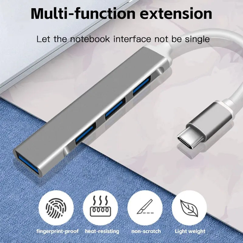 Mini USB Type C Hub 4Port Adapter USB3.1Multi Splitter 4in1 Docking Station UltraSlim SuperSpeed Aluminum For Computer Laptop PC