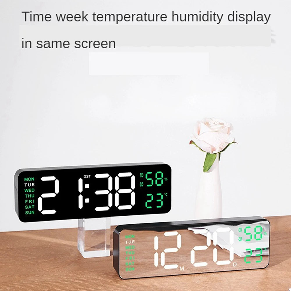 Large Digital Wall Clock Temperature Humidity Week Display LED Electronic Table Clock 12/24H Alarm Clocks Memory/Snooze Function