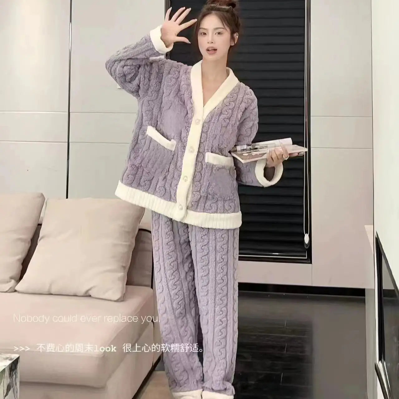 Women Velvet Pajama Set Fleecing Warm Loose Top And Elastic Waist Pants Home Casual Warm Woolen Suit Women 2023 Autumn Winter