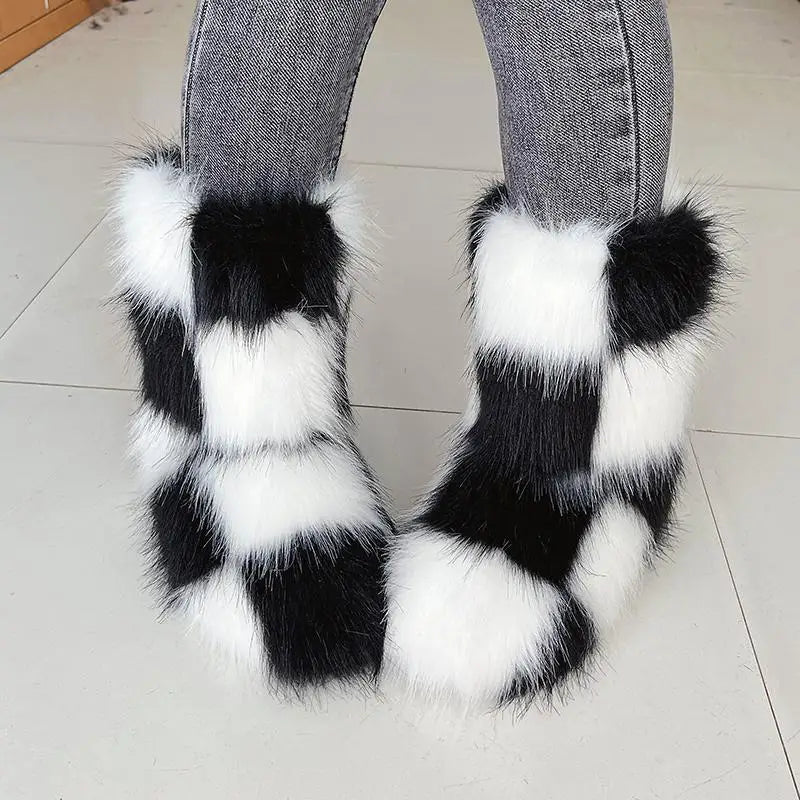 y2k Women's Winter Snow Boots Outdoor Luxury Furry Faux Fox Fur New Fashion Boots WomanPlush Warm Platform Shoes  Bottes