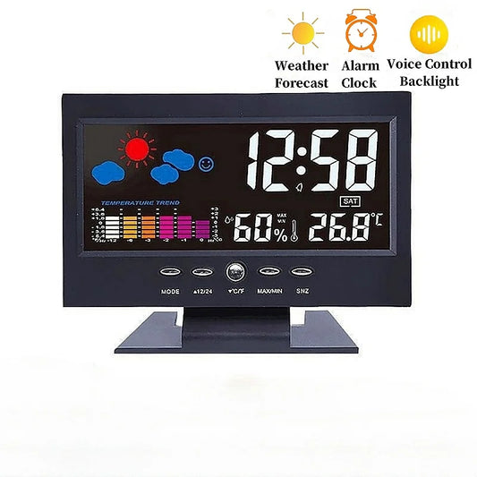 Voice Control Backlight Digital Weather Clock Date Week Temperature Humidity Weather Forecast 12/24H Electronic Clock