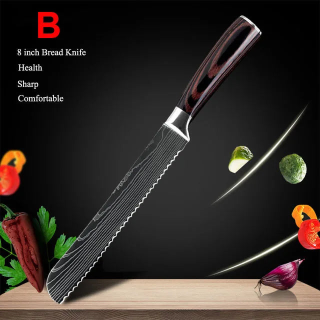 Japanese Kitchen Knife Set Laser Damascus Pattern Stainless Steel Sharp Cleaver Slicing Knives