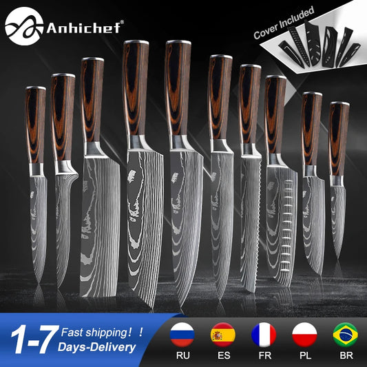 Professional Kitchen Knives Stainless Steel 7CR17 440C Laser Damascus Japanese Santoku Cleaver Slicing Utility Chef Knife Set