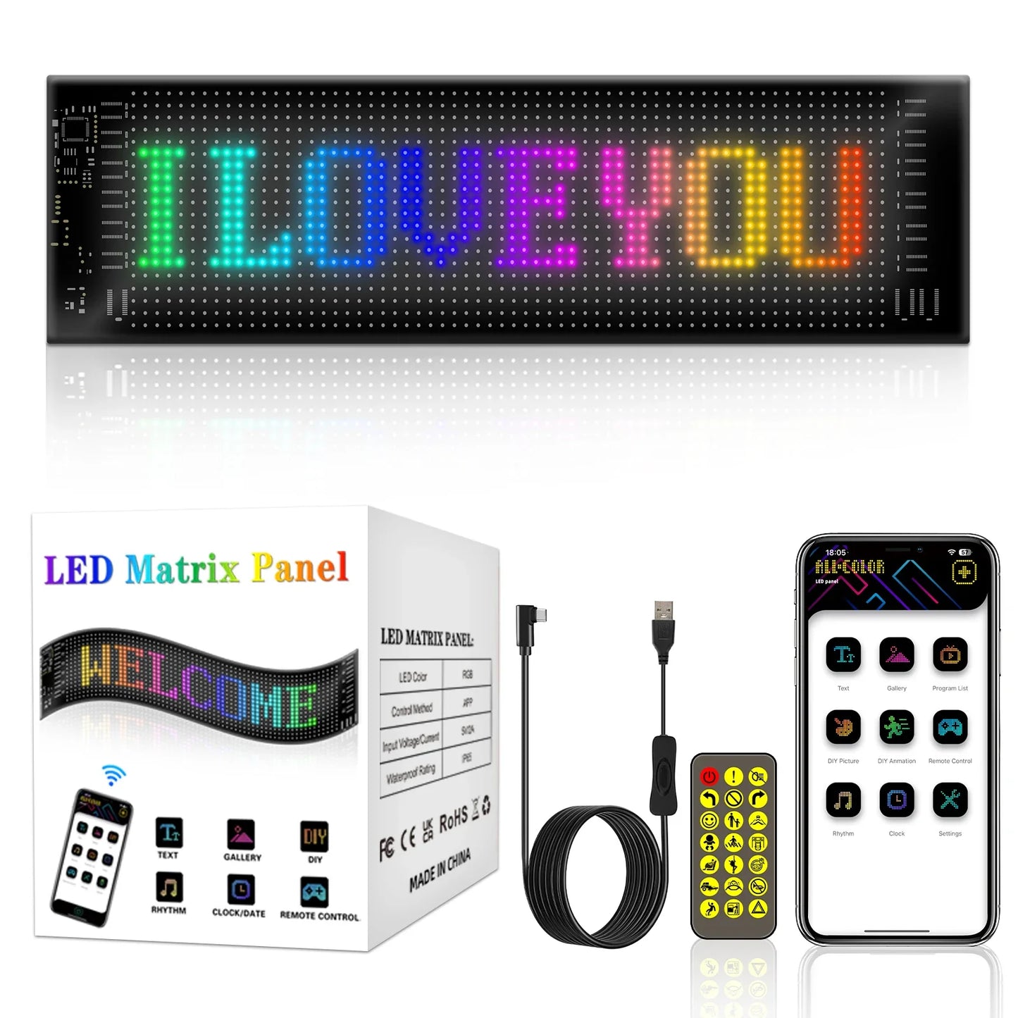 Car LED Matrix Pixel Panel DIY RGB LIghting Graffiti Scrolling Text Board Windshield Advertising Screen Bluetooth APP Control