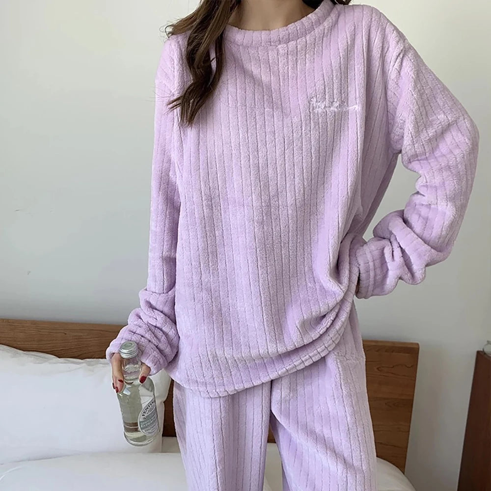 Women Velvet Pajama Set Fleecing Warm Loose Top And Elastic Waist Pants Home Casual Warm Woolen Suit Women 2023 Autumn Winter