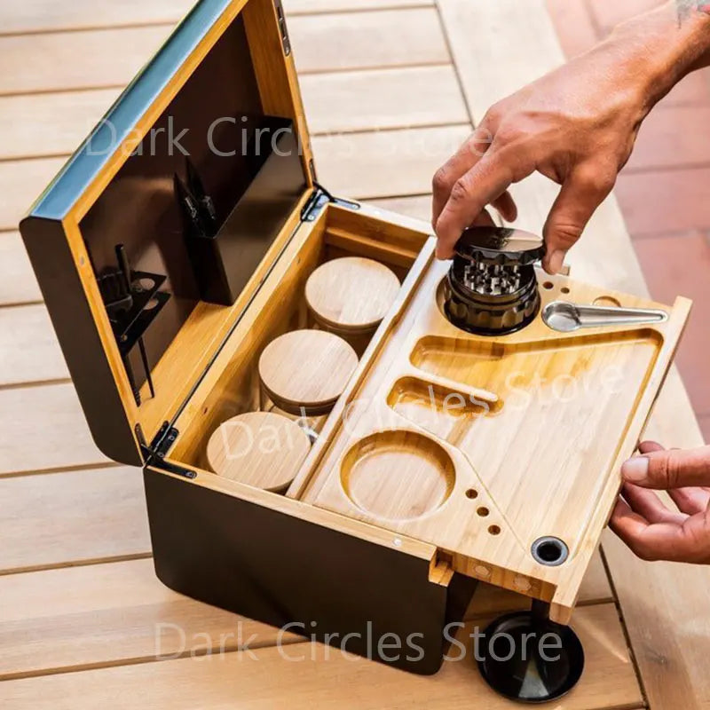 Large Bamboo Wooden Stash Box with Rolling Tray Weed Kit with Removable Divider Wood Storage Set