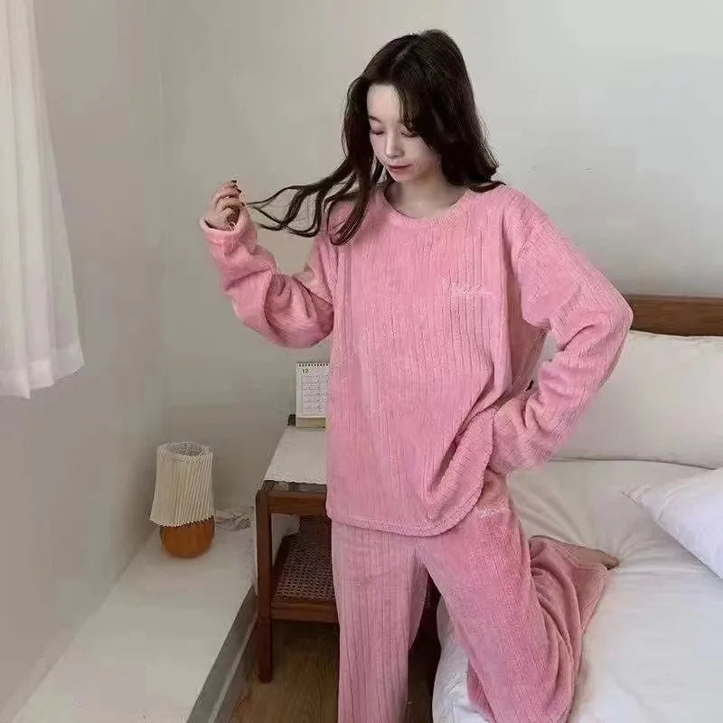 Women Velvet Pajama Set Fleecing Warm Loose Top And Elastic Waist Pants Home Casual Warm Woolen Suit Women 2023 Autumn Winter