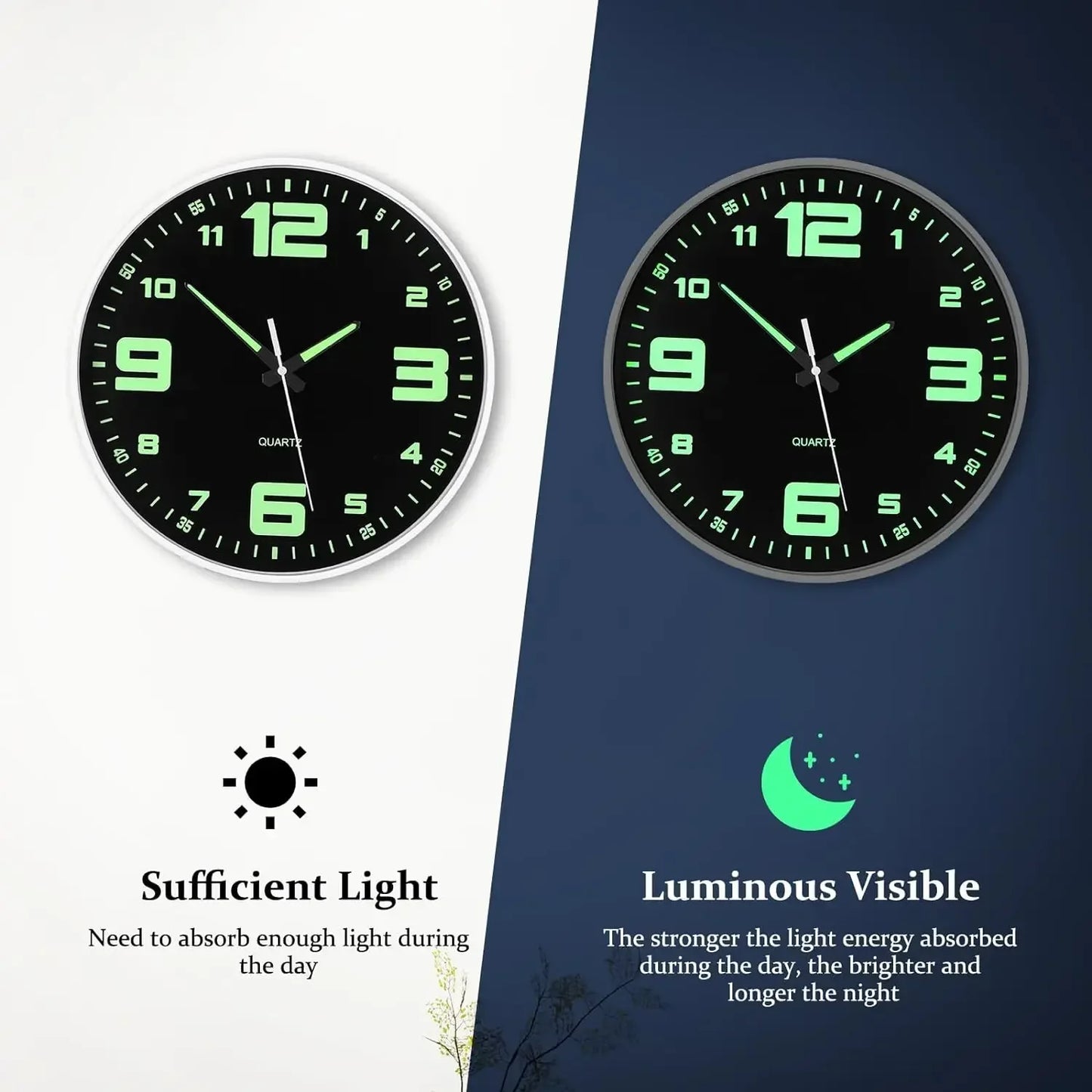 12 Inch Glow in The Dark Wall Clock Night Light Wall Clock Silent Non-Ticking Battery Operated Wall Clocks for Living Room Deco