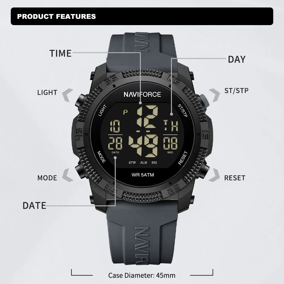 NAVIFORCE Brand Electronic Watch For Men Silicone Strap High Quality 50m Waterproof.