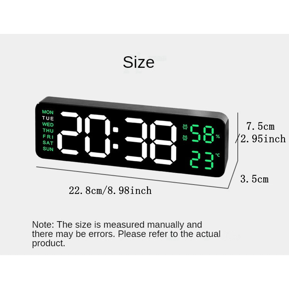 Large Digital Wall Clock Temperature Humidity Week Display LED Electronic Table Clock 12/24H Alarm Clocks Memory/Snooze Function