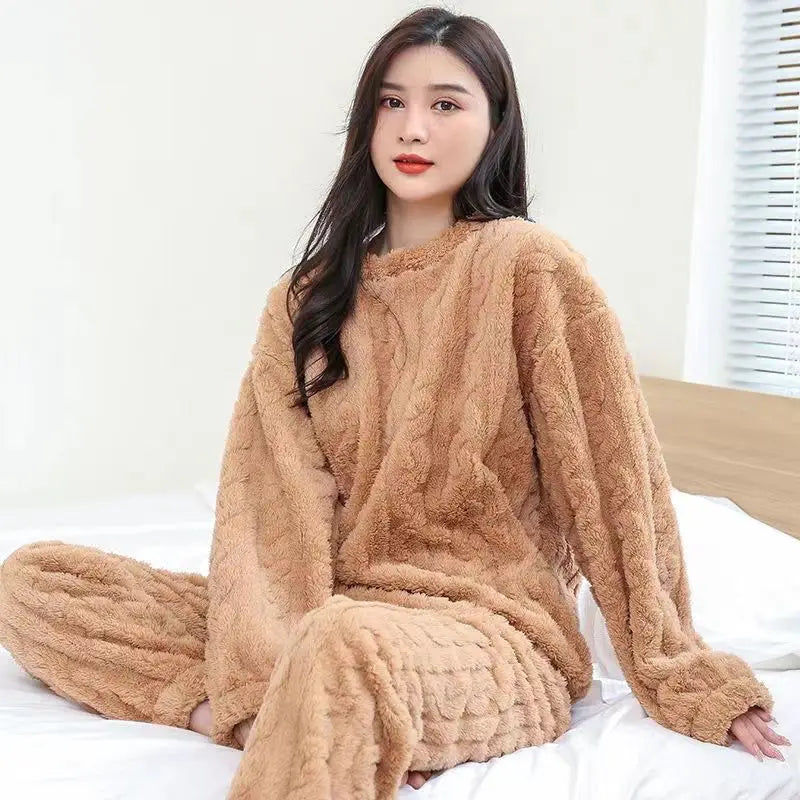 Women Velvet Pajama Set Fleecing Warm Loose Top And Elastic Waist Pants Home Casual Warm Woolen Suit Women 2023 Autumn Winter