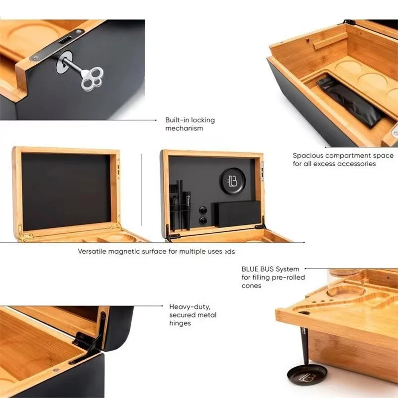 Large Bamboo Wooden Stash Box with Rolling Tray Weed Kit with Removable Divider Wood Storage Set