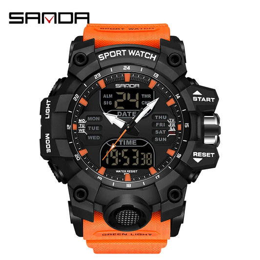 SANDA Men Sports Watch Dual Display Analog Digital LED Electronic Quartz Waterproof Military grade Watch.