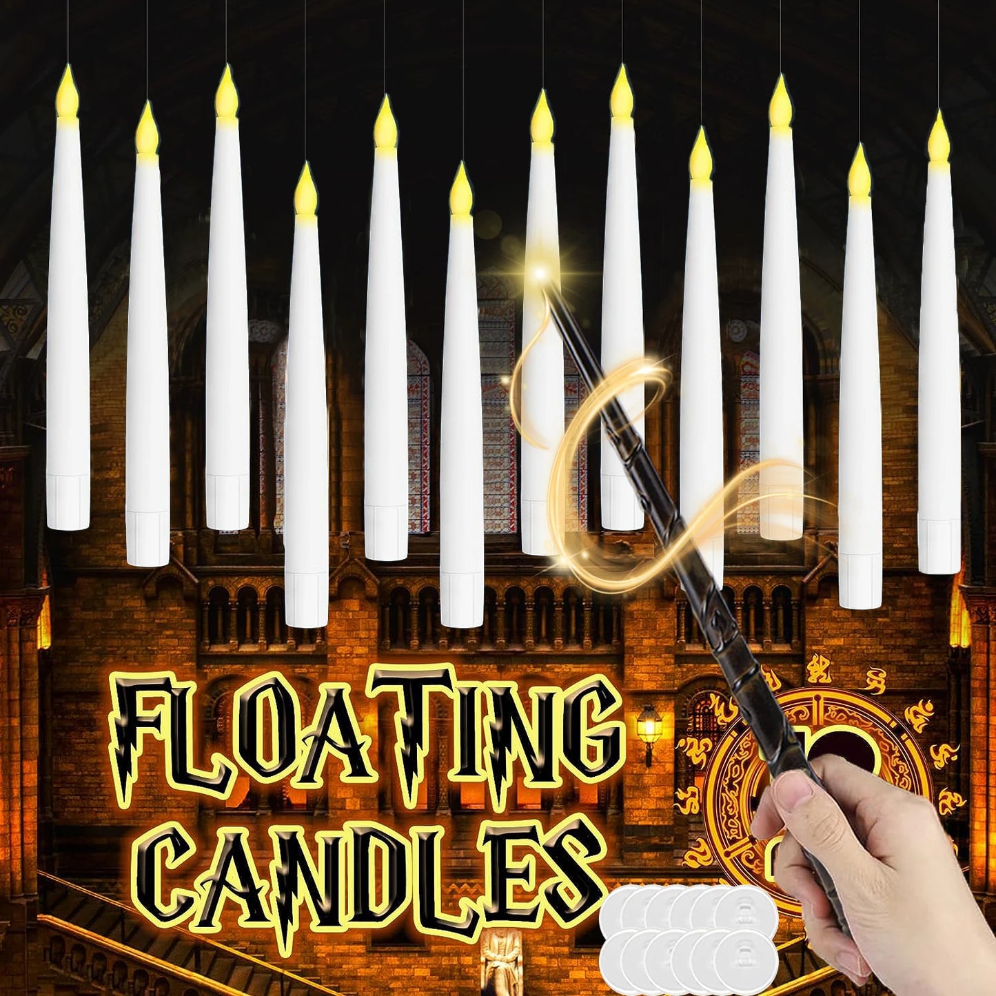 12-60PCS LED Floating Candles with Magic Wand Flameless Flying Candle Flickering Burning Candles for Wedding/Holiday Decor