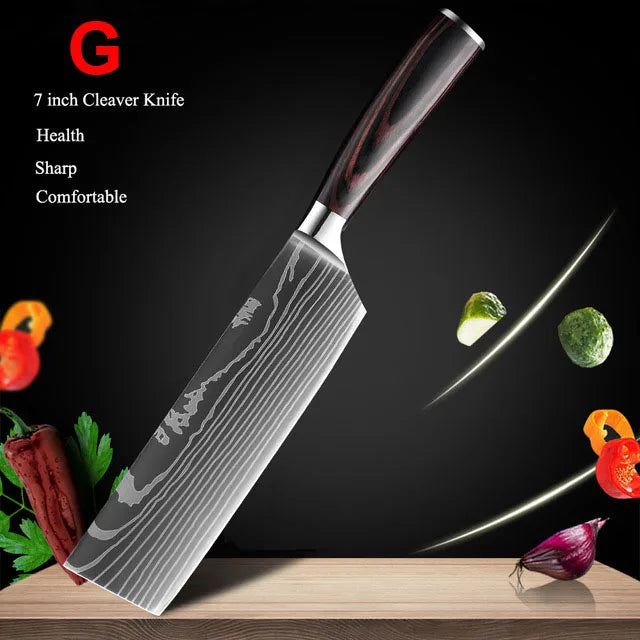 Japanese Kitchen Knife Set Laser Damascus Pattern Stainless Steel Sharp Cleaver Slicing Knives