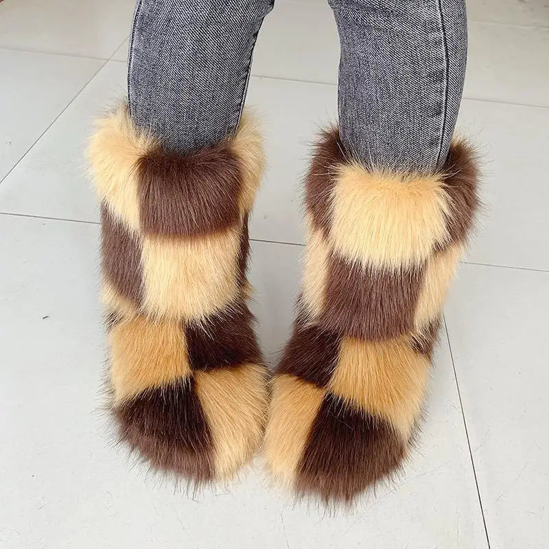 y2k Women's Winter Snow Boots Outdoor Luxury Furry Faux Fox Fur New Fashion Boots WomanPlush Warm Platform Shoes  Bottes