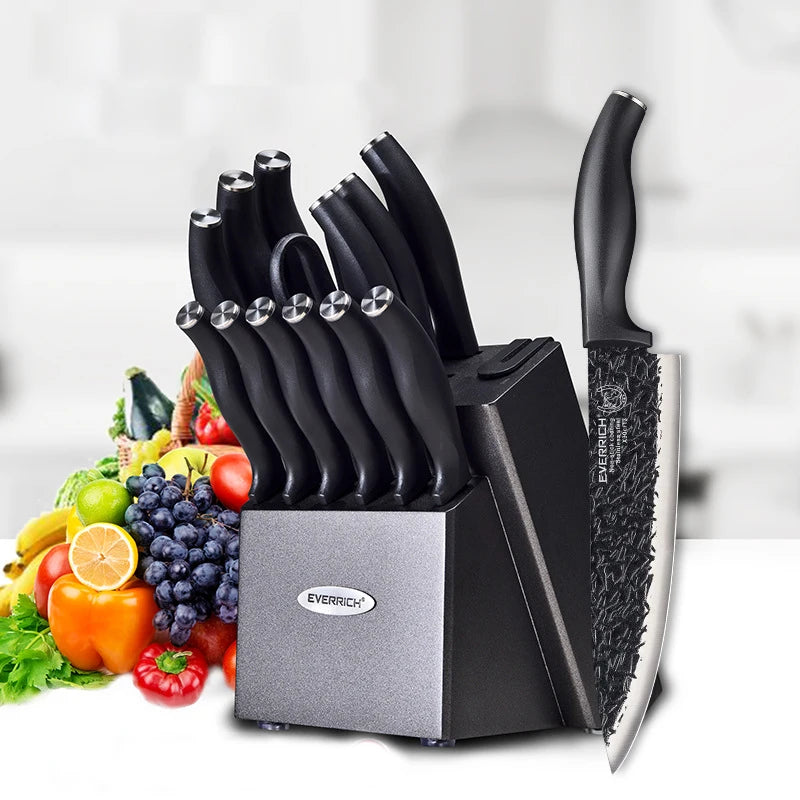 Hammer Pattern Kitchen Knives Set Stainless Steel Chef Knife Non-stick Slicing Sharp Steak Knife with Knife Holder.