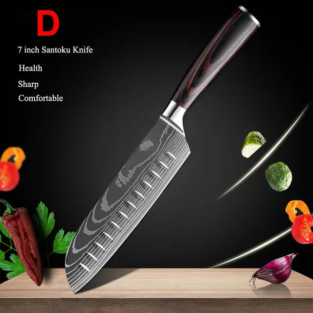 Japanese Kitchen Knife Set Laser Damascus Pattern Stainless Steel Sharp Cleaver Slicing Knives