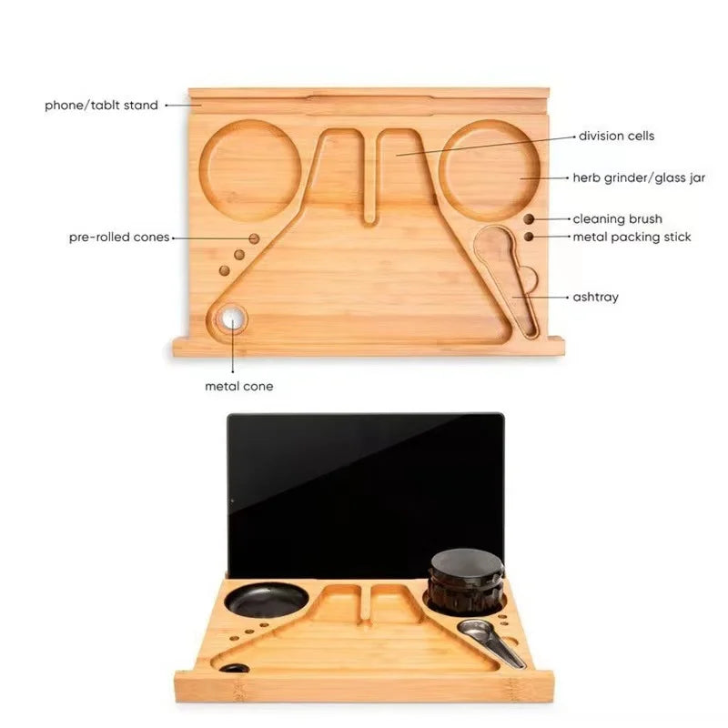 Large Bamboo Wooden Stash Box with Rolling Tray Weed Kit with Removable Divider Wood Storage Set