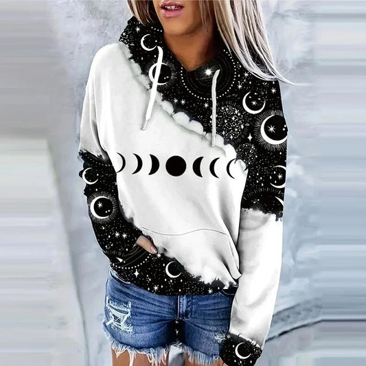 Moon Print Drawstring Hoodie Casual Long Sleeve Hooded Sweatshirt Women's Clothing